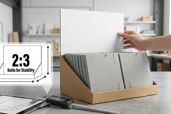 A hand inserts a white header card into a brown corrugated table top display, highlighting the 2:3 Ratio for Stability diagram.