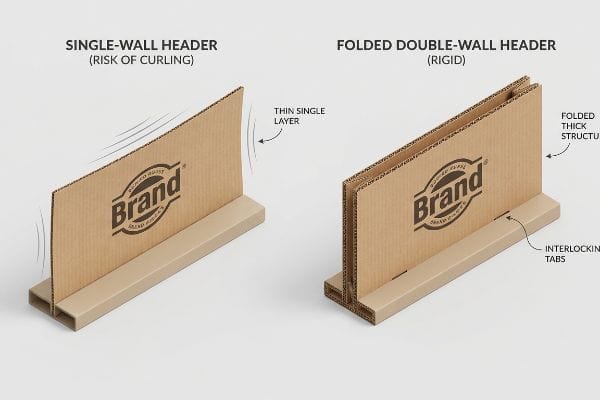 Corrugated cardboard headers: curling Single-Wall Header vs. rigid Folded Double-Wall Header with interlocking tabs.
