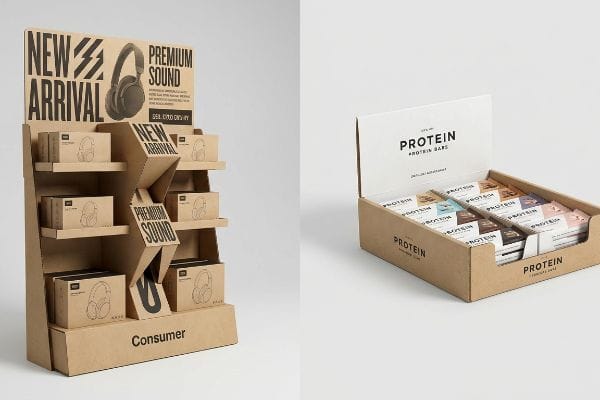 Kraft cardboard Pop floor merchandiser for New Arrival Premium Sound headphones and a Pos Protein Bars counter display.