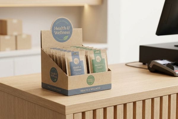 A retail setting features a cardboard countertop display box filled with Health & Wellness supplement pouches on a wooden checkout counter.