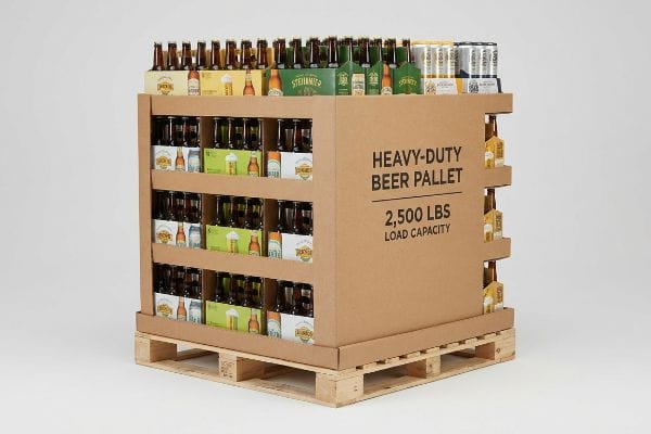 A sturdy corrugated cardboard Heavy-Duty Beer Pallet display, showing 2,500 Lbs Load Capacity, filled with beer bottles and cans on a wooden GMA pallet.
