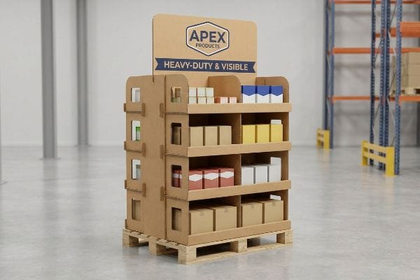 Heavy-duty cardboard Apex Products endcap display on a pallet, featuring 