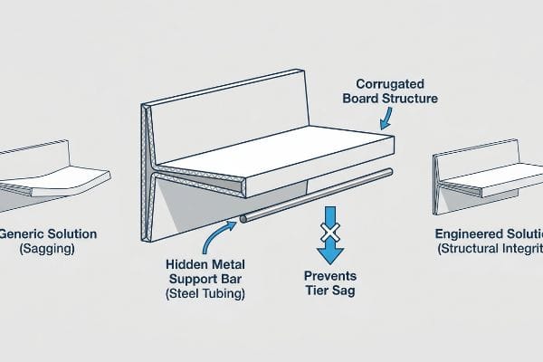 Diagram showing a Generic Solution (Sagging) corrugated shelf versus an Engineered Solution with a Hidden Metal Support Bar (Steel Tubing) preventing Tier Sag.