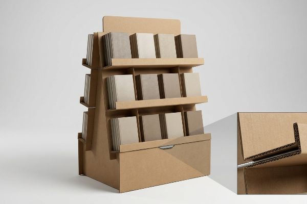 Brown corrugated cardboard tiered floor display with multiple shelves holding light-colored book samples, featuring a hidden metal support bar detail.