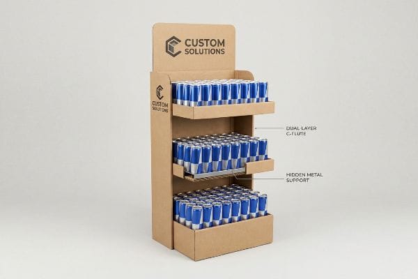 A three-tiered Custom Solutions cardboard display filled with blue energy drink cans, featuring Dual-Layer C-Flute construction and Hidden Metal Support.