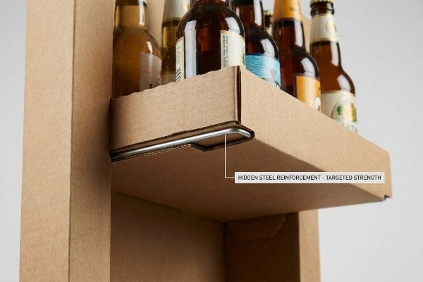 A close-up reveals the Hidden Steel Reinforcement - Targeted Strength, a metal bar supporting a cardboard shelf with amber beer bottles.