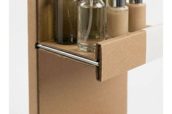 Brown corrugated cardboard shelf with a hidden steel support bar, holding various cosmetic liquid bottles.
