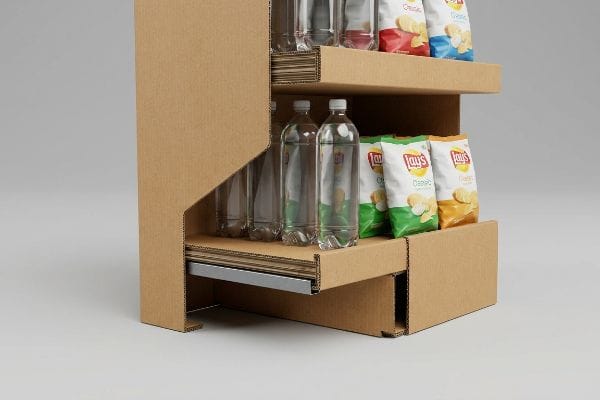 Corrugated cardboard display with Lay's Classic chips and water bottles, featuring a hidden 0.5-inch steel support bar preventing shelf sag.