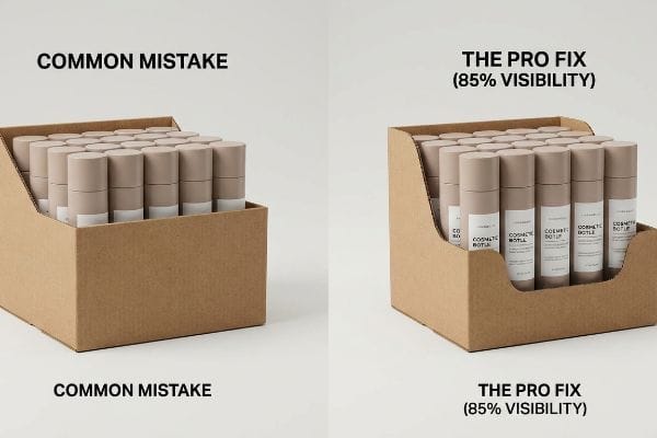 Brown corrugated cardboard tray with a high front lip obscuring cosmetic bottles, illustrating a common retail packaging mistake.