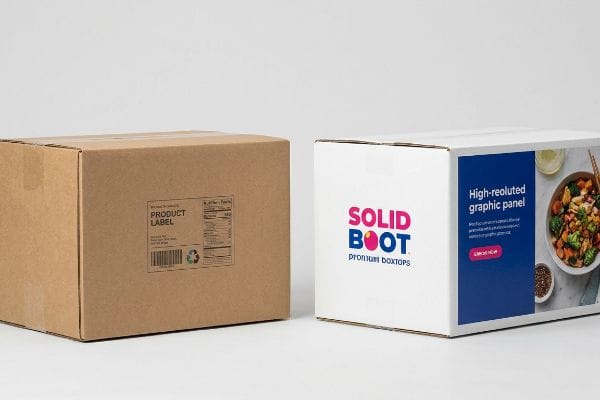 Brown corrugated industrial shipper with Product Label contrasts with white Solid Boot Premium Boxtops retail packaging featuring a High-Reoluted Graphic Panel.