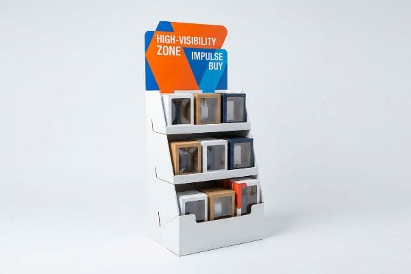 White corrugated cardboard point-of-sale display, three tiers, featuring product boxes and a header with 'High-Visibility Zone Impulse Buy' for retail merchandising.