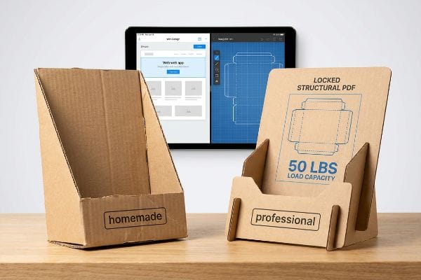 Homemade cardboard display stand next to professional one with