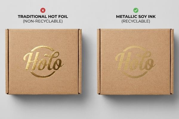 Brown cardboard boxes display Holo logo, comparing non-recyclable Traditional Hot Foil with recyclable Metallic Soy Ink.