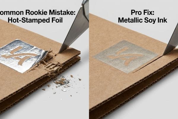 Silver hot-stamped foil peeling from corrugated cardboard as a utility knife cuts it, revealing torn fibers and metallic flakes.