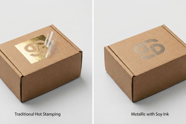 Brown corrugated boxes display a '69' gold foil Traditional Hot Stamping peeling off versus a metallic soy ink logo.