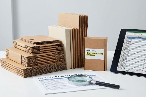 Corrugated paperboard boxes, a sample labeled