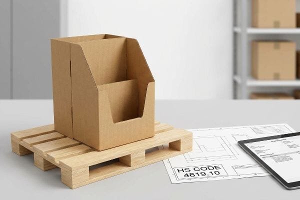 Corrugated cardboard display on a wooden pallet, with a blueprint showing Hs Code 4819.10 for customs compliance.