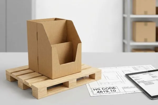 木製パレット上に段ボール製のディスプレイが設置されており、税関手続きに必要なHSコード4819.10を示す設計図が添えられている。.