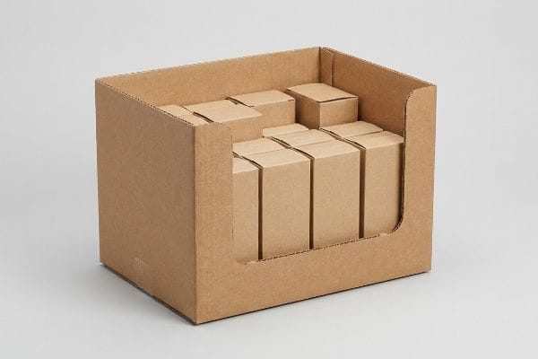 Brown corrugated display box, an HSC, filled with smaller cardboard boxes, showcasing retail-ready packaging.