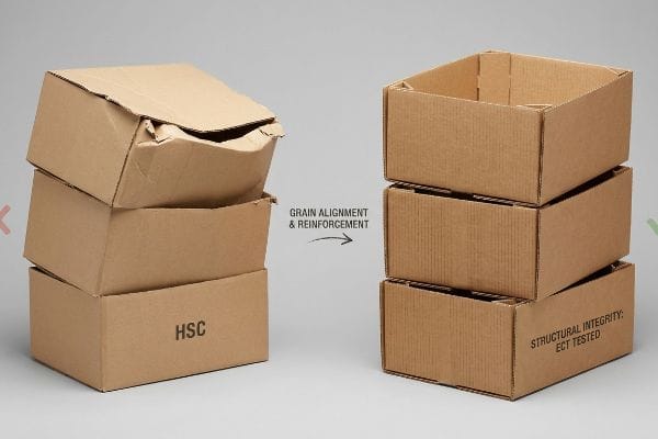 Corrugated cardboard boxes comparing a crushed Hsc stack to intact, Ect Tested boxes with grain alignment and reinforcement.