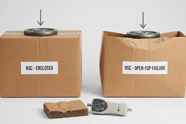 Brown corrugated cardboard boxes illustrate compressive vulnerability, showing an intact Rsc Enclosed box and a crushed Hsc Open-Top Failure box under metal weights, with a Mullen Tester displaying 187.5 lbs.