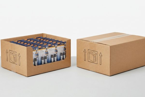 棕色瓦楞纸HSC展示盒、装有零售产品的PDQ托盘,以及一个密封的RSC运输箱。