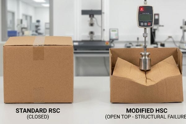 Two corrugated boxes, a Standard Rsc (Closed) and a Modified Hsc (Open Top - Structural Failure) visibly bowed under a force gauge.