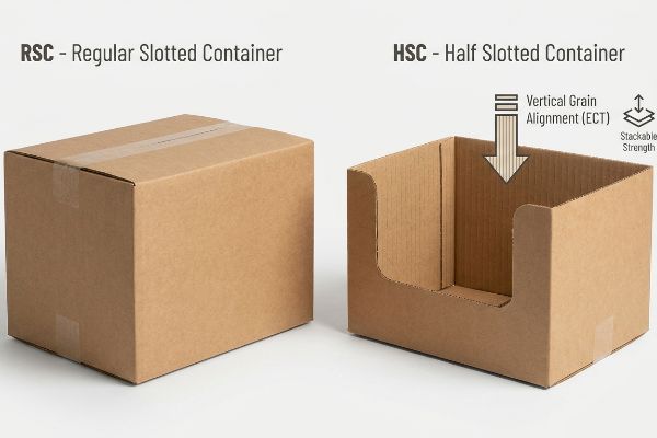 Two corrugated cardboard boxes: a closed Regular Slotted Container (RSC) and an open Half Slotted Container (HSC) showing Vertical Grain Alignment (ECT) for Stackable Strength.