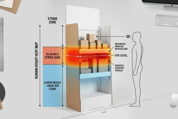 Cardboard floor display illustrating a Human Height Heat Map, highlighting the 50-54 Inch Strike Zone at Eye-Level to Maximize Impulse Interaction and Reduce Shopper Fatigue.
