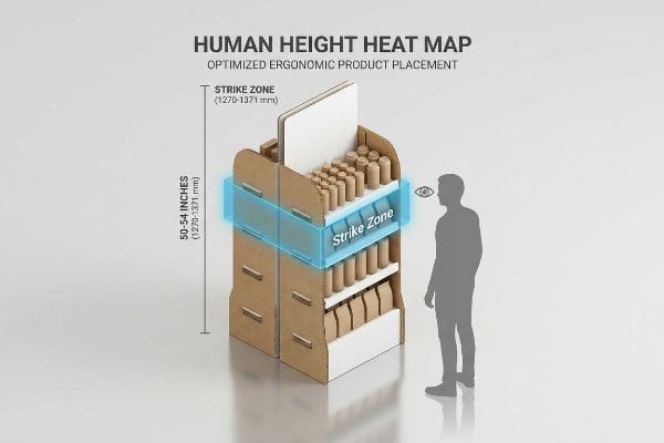 A corrugated cardboard display illustrates the Human Height Heat Map, highlighting the 50-54 Inches (1270-1371 mm) Strike Zone for Optimized Ergonomic Product Placement.