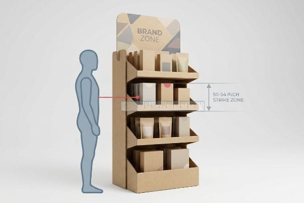 Kraft board retail display highlighting the 50-54 Inch Strike Zone at human eye level, with a Brand Zone header.