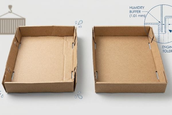 Unbleached corrugated kraft paper interlocking trays, one showing moisture absorption, the other with a Humidity Buffer (1.01 mm) diagram for engineered tolerance.