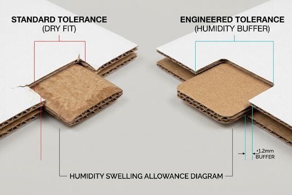 Corrugated cardboard diagram compares Standard Tolerance (Dry Fit) with tearing to Engineered Tolerance (Humidity Buffer) showing a +1.2mm buffer.