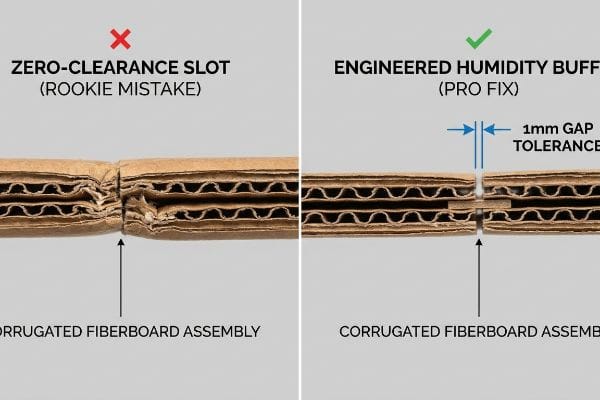 Corrugated fiberboard comparison: Zero-Clearance Slot (Rookie Mistake) vs. Engineered Humidity Buffer (Pro Fix) with 1mm Gap Tolerance.