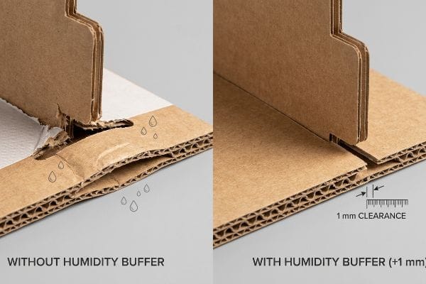 Corrugated cardboard comparison: a torn slot Without Humidity Buffer vs. a smooth slot With 1 Mm Clearance, showing humidity buffer engineering.
