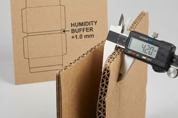 Corrugated cardboard thickness measured at 4.20 mm by a digital caliper, highlighting the Humidity Buffer +1.0 mm for moisture swelling.
