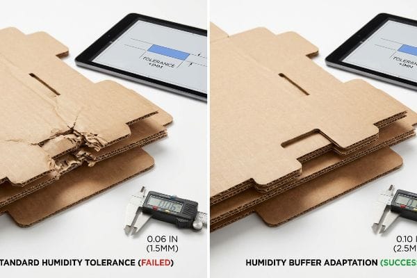 Corrugated cardboard comparison shows failed standard humidity tolerance (0.06 in/1.5mm) with torn, swollen packaging, contrasted with successful humidity buffer adaptation (0.10 in/2.5mm) showing intact material, measured by digital calipers.
