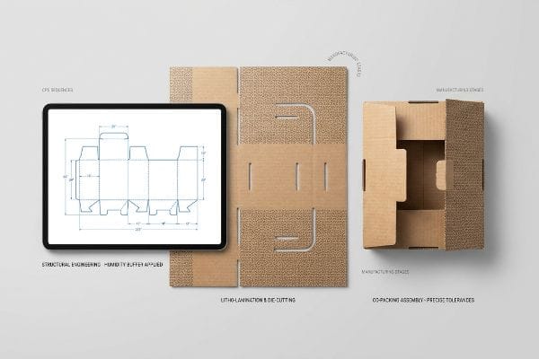 Corrugated cardboard packaging stages, showing structural engineering with humidity buffer, litho-lamination, die-cutting, and co-packing assembly.