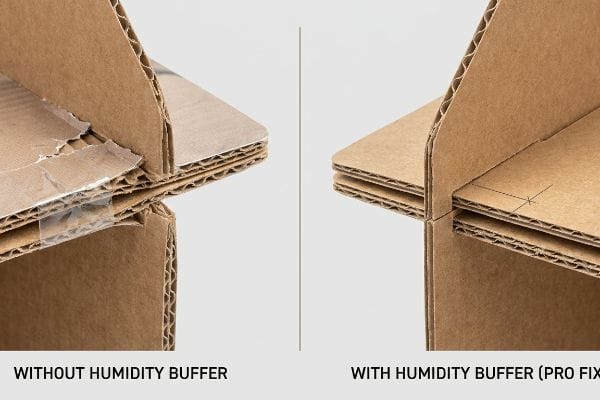 Corrugated cardboard structures: damaged joint Without Humidity Buffer versus perfect joint With Humidity Buffer (Pro Fix), highlighting humidity buffer benefits.