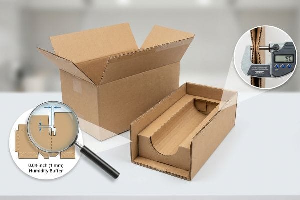 Corrugated insert box with 0.04-inch (1 mm) humidity buffer dieline and micrometer measuring corrugated cardboard thickness.