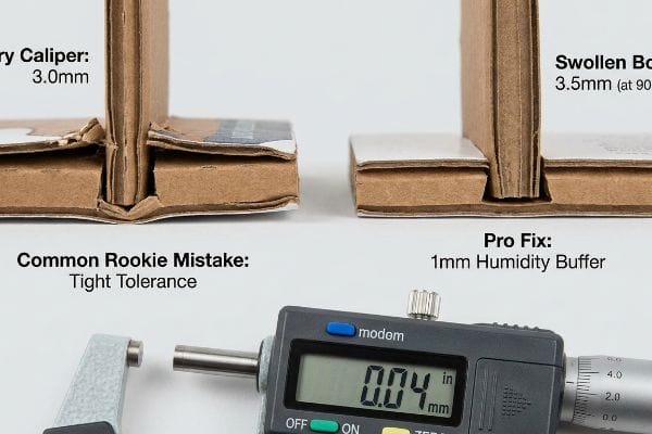 Digital micrometer shows 0.04 in mm, contrasting 3.0mm dry caliper cardboard with 3.5mm swollen board and 1mm humidity buffer.