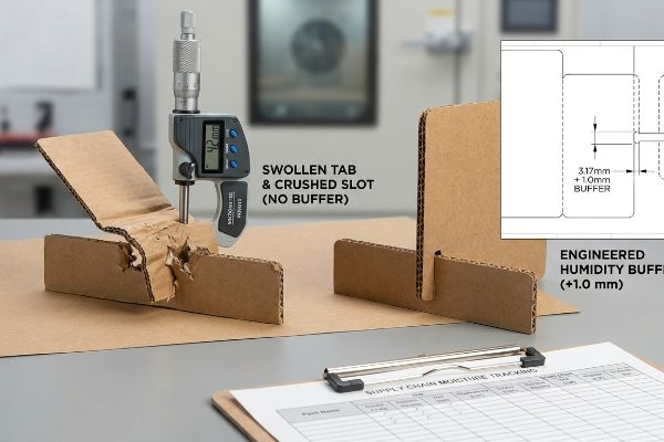 Micrometer measures 4.2mm Swollen Tab & Crushed Slot (No Buffer), contrasted with Engineered Humidity Buffer (+1.0 mm).