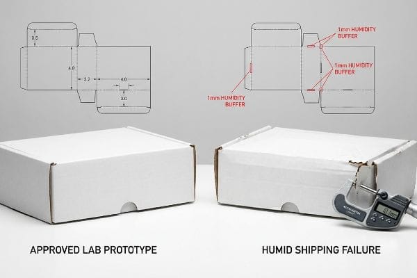 White corrugated boxes: an Approved Lab Prototype and a Humid Shipping Failure with a micrometer measuring 0.1mm. Dielines show a 1mm Humidity Buffer.