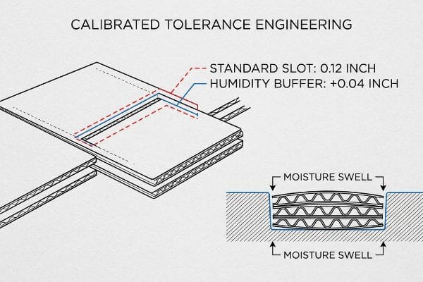 Calibrated Tolerance Engineering diagram shows corrugated board slots: Standard Slot 0.12 Inch, Humidity Buffer +0.04 Inch, and cross-section with Moisture Swell.