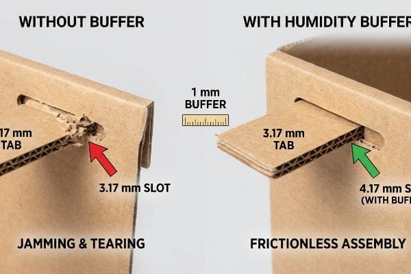 Corrugated cardboard tab jamming without buffer vs. frictionless assembly with 1 mm humidity buffer.