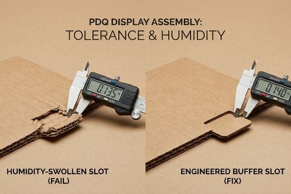 Digital calipers measure a torn, Humidity-Swollen Slot (Fail) at 0.135 inches and a clean Engineered Buffer Slot (Fix) at 0.140 inches, demonstrating PDQ Display Assembly Tolerance & Humidity.