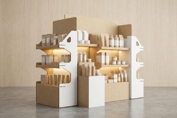 A modern, illuminated cardboard retail display features unbranded kraft and white product packaging on multiple shelves, against a wooden wall.