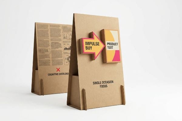 Corrugated cardboard sales display with 'Impulse Buy' arrow and 'Single Occasion Focus', contrasting with a text-heavy 'Cognitive Overload' unit.