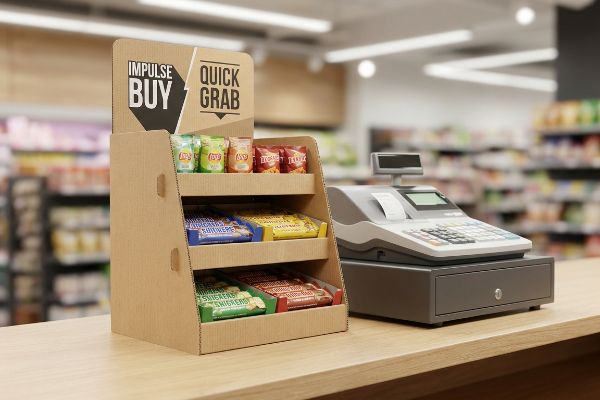 En el mostrador de un supermercado, junto a la caja registradora, se encuentra un expositor de cartón corrugado para puntos de venta lleno de aperitivos de la categoría "Compra impulsiva, toma rápida".