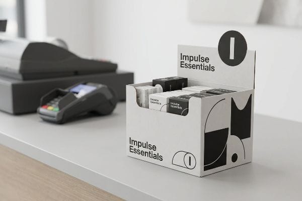 White corrugated cardboard Impulse Essentials POS display on a checkout counter, filled with small product boxes, next to a payment terminal.